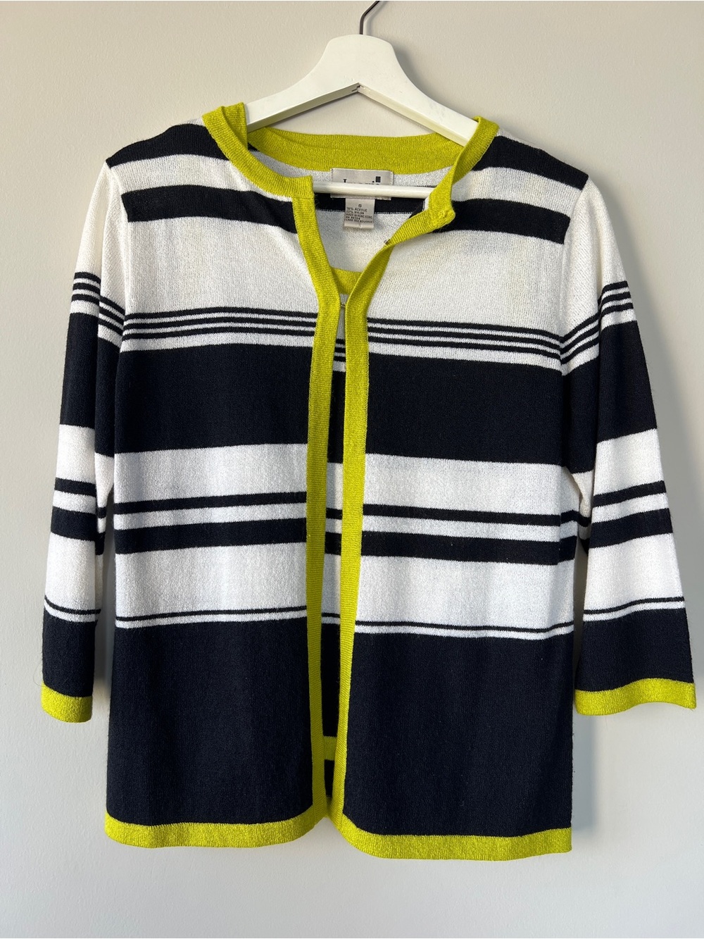 Black & White Striped Open-Front Cardigan with Lime Trim